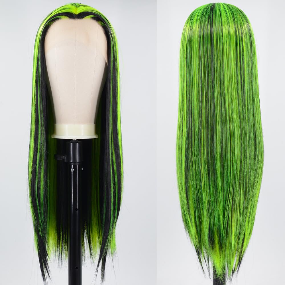 ZHYWIGS Neon Green Black Long Straight Synthetic Lace Front Wig Halloween (Neon Green Black)