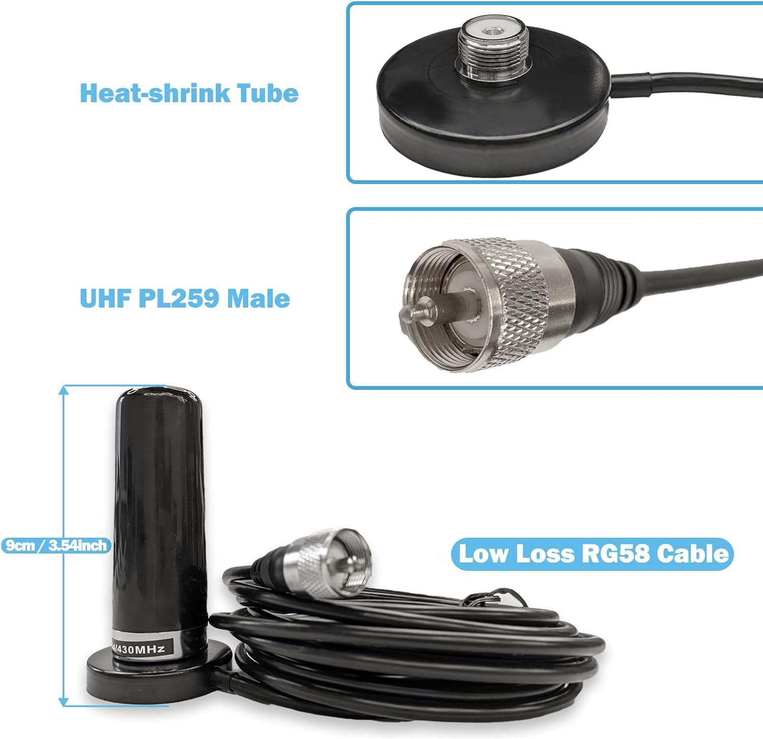 Maswell Antenna radio Ham per veicoli, doppia banda VHF/UHF 136-174 MHz, 400-470 MHz, 144/430 MHz, grande base magnetica, cavo PL259, compatibile con auto, marine, GMRS, CB e radio amatoriali