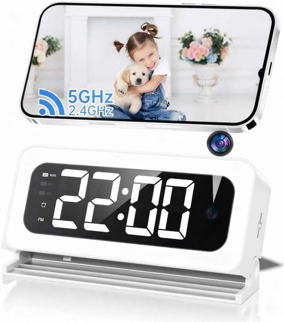 2K Alarm Clock Camera, 5G &amp; 2.4G WiFi Indoor Nanny Cam for Home Security, Full Color Night Vision, AI Human Motion Detection, Local SD Storage