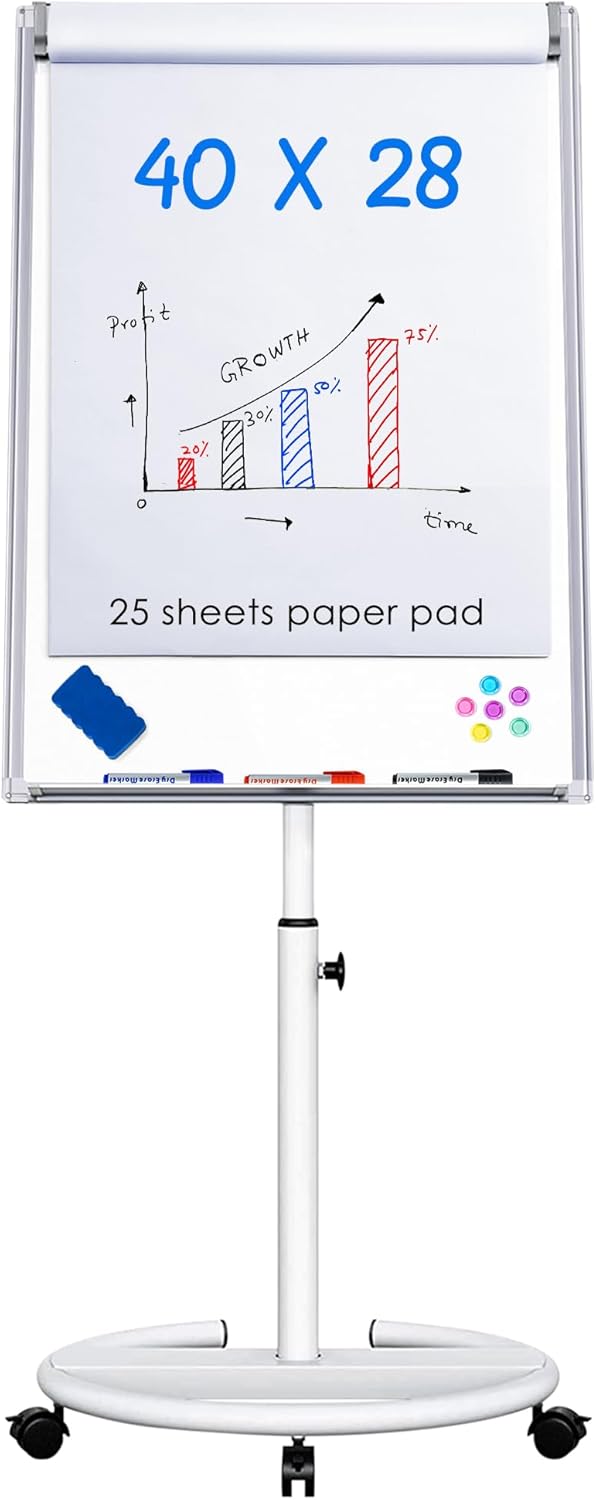 Mobile Dry Erase Board – 40x28 inches Magnetic Portable Whiteboard Stand Easel White Board Flipchart Easel Board with 25 Sheets Paper Pad *Silver With Paper Pad 40 x 28