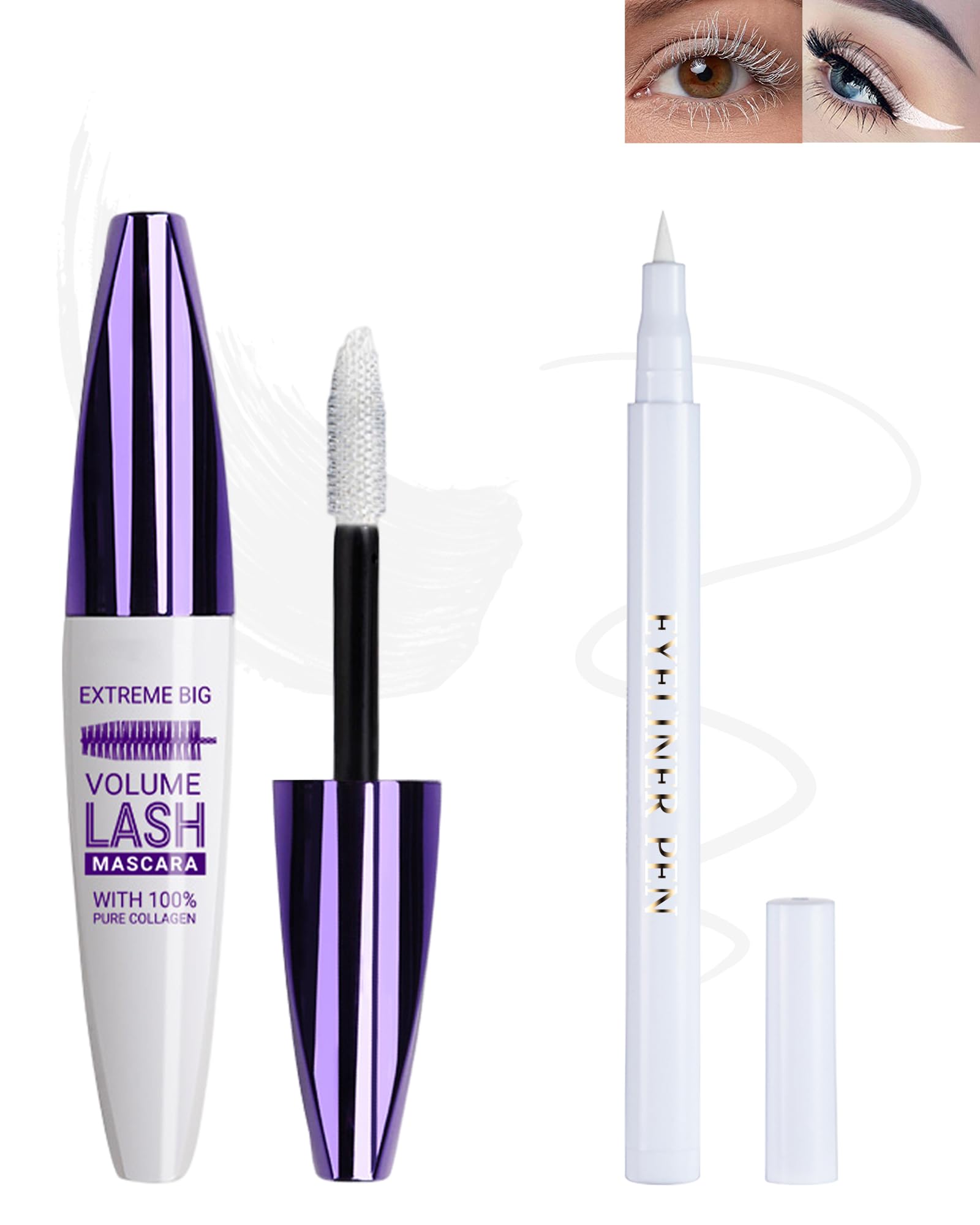 White Waterproof Mascara & Eyeliner Set, 5D Silk Fiber Liquid Lash Extensions Colored Tubing Volume and Length, Long Lasting