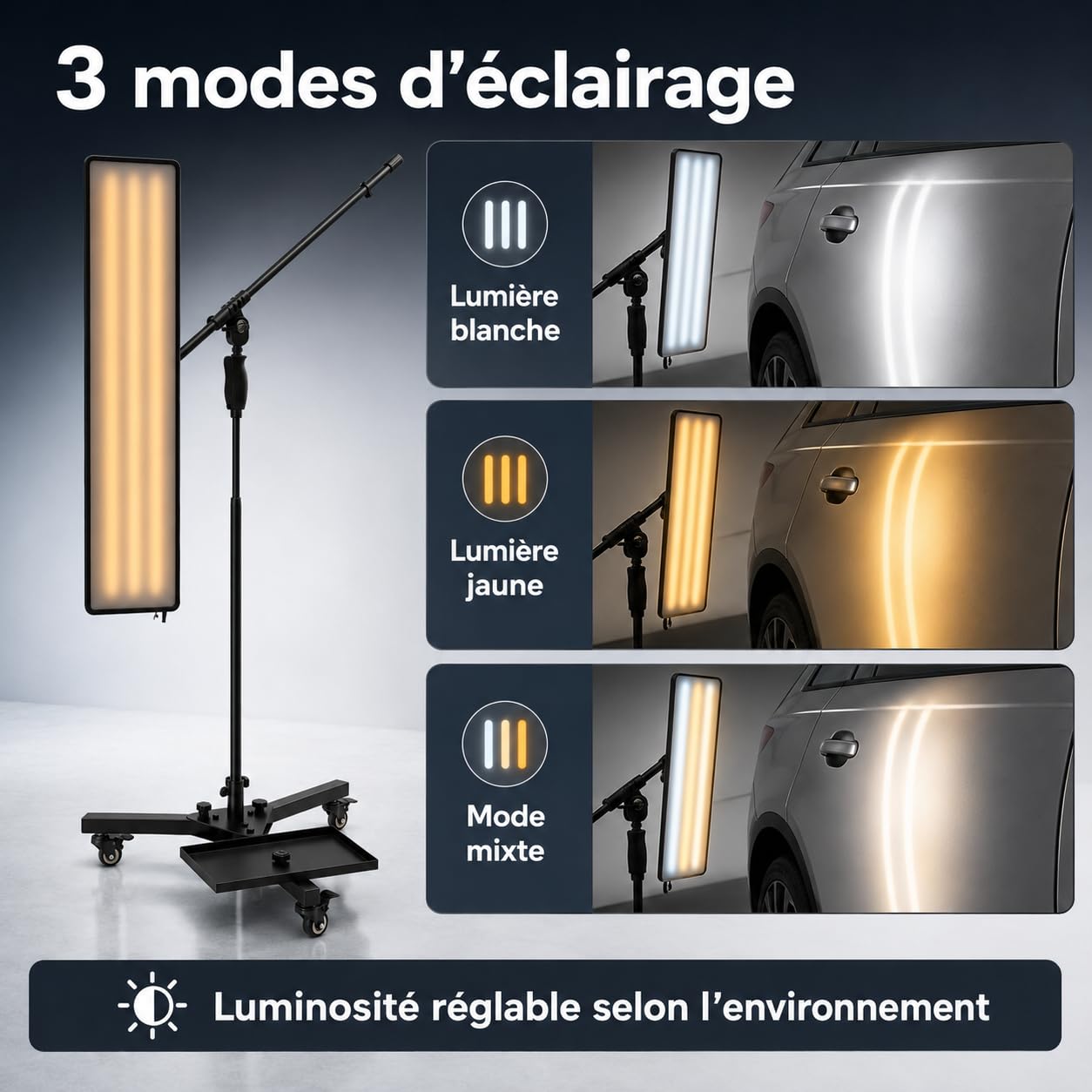 Lampe de détection de bosses pour voiture, lampe de détection de bosses LED 10 W, panneau lumineux à 360° Lampe réflectrice professionnelle pour ateliers de réparation automobile, ateliers de