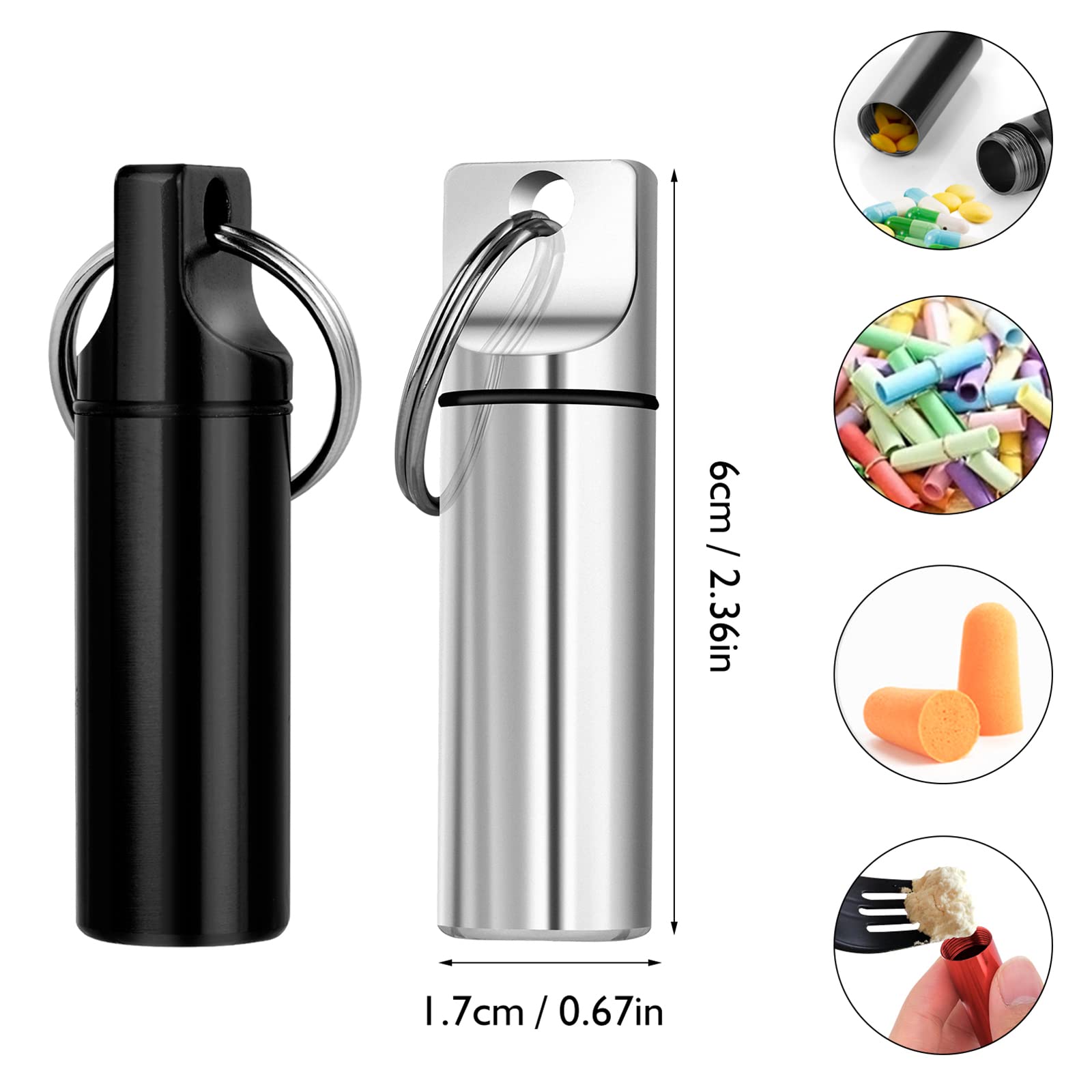 Grevosea 4 stuks kleine pillendoos sleutelhanger, draagbare pillendoosjes aluminiumlegering mini reispillenorganizer case container waterdichte pillenhouder voor Outdoor camping reizen zwart zilver