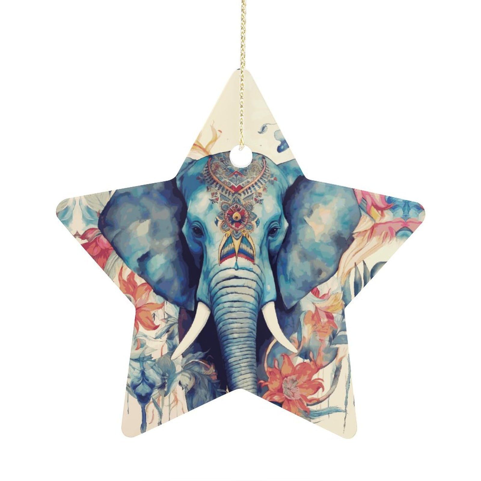 Peacock Feathers Elephant Stars Ornaments Ceramic Christmas Tree Hanging Light in Weight Christmas Star Pendants Funny Double-Sided Printed Xmas Ornaments for Gifts