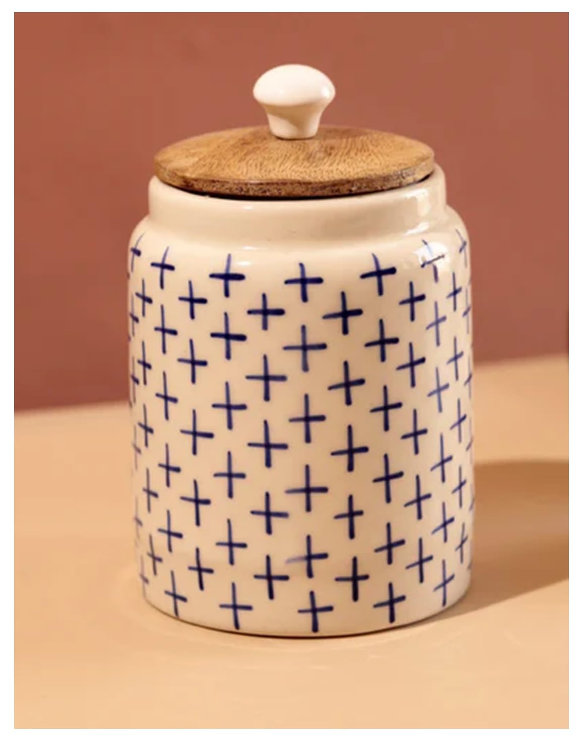 SPHINX Handpainted Ceramic Pickle Jar/Barni/Achar Martban/Cornichon Container with wooden lid - Handcrafted Kitchen Storage Container ,Condiment - (White & Blue +)