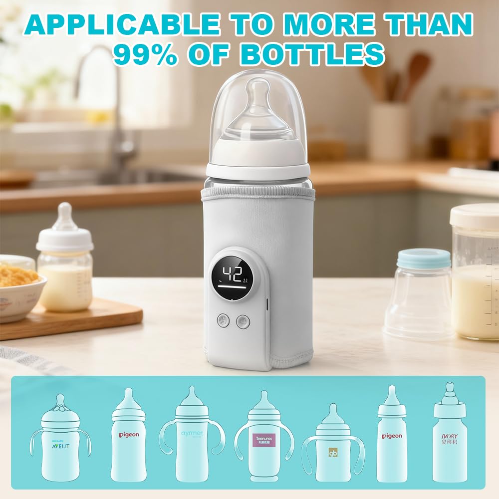 Chauffe-biberon portable pour bébé, plug-in, chauffe-biberon portable pour bébé en déplacement, 6 températures réglables 38-50 °C, chauffe-biberon avec écran LCD, blanc