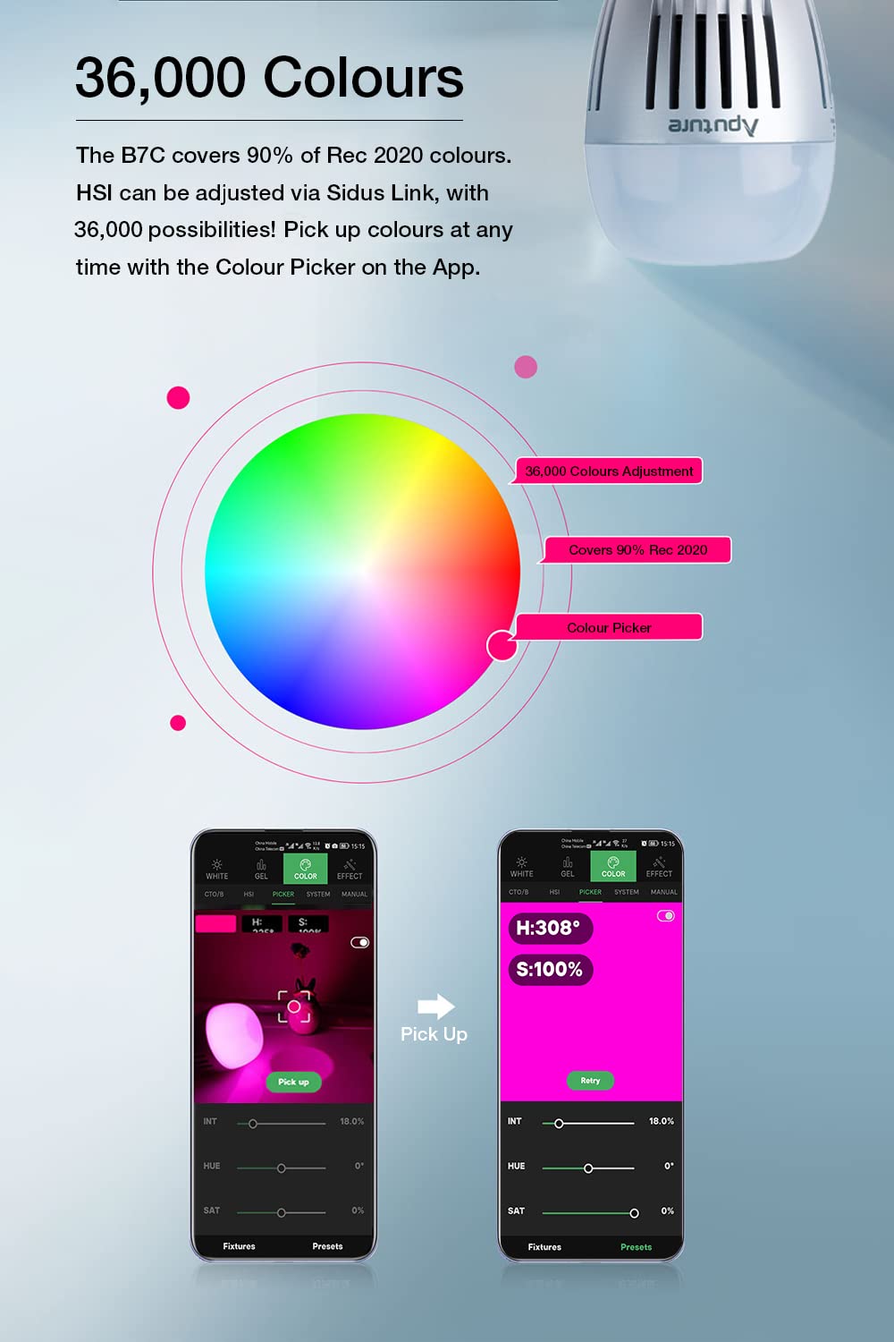 Aputure B7C 7W RGBWW Ampoule LED Intelligente, TLCI 96+ CRI 95+, 2000K-10000K réglable, Réglage complet des couleurs HSI, contrôle via l'application Sidus Link, boutons intégrés pour un contrôle rapid