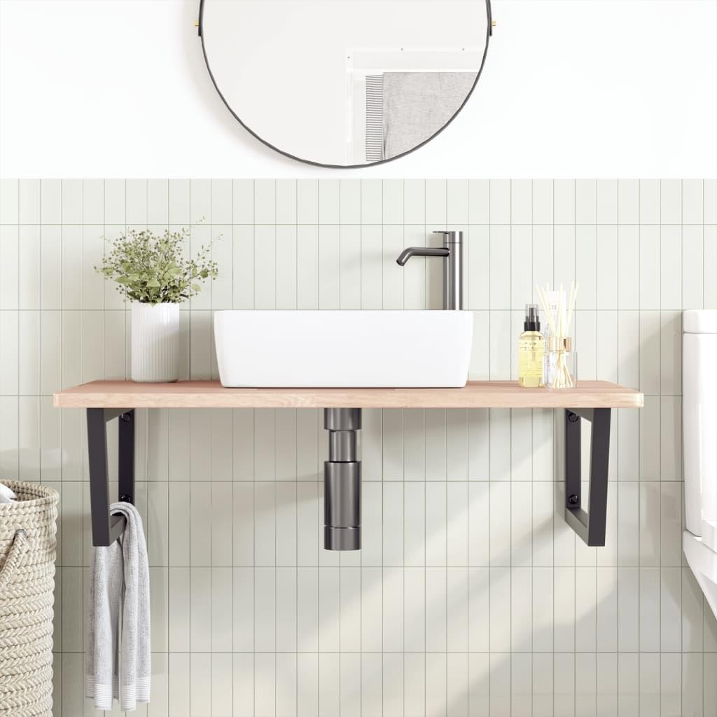 Piano lavabo con supporto in acciaio e rovere massiccio, 100 x 60 x 2,5 cm, montaggio a parete, portata fino a 100 kg, salvaspazio, per bagno e WC degli ospiti