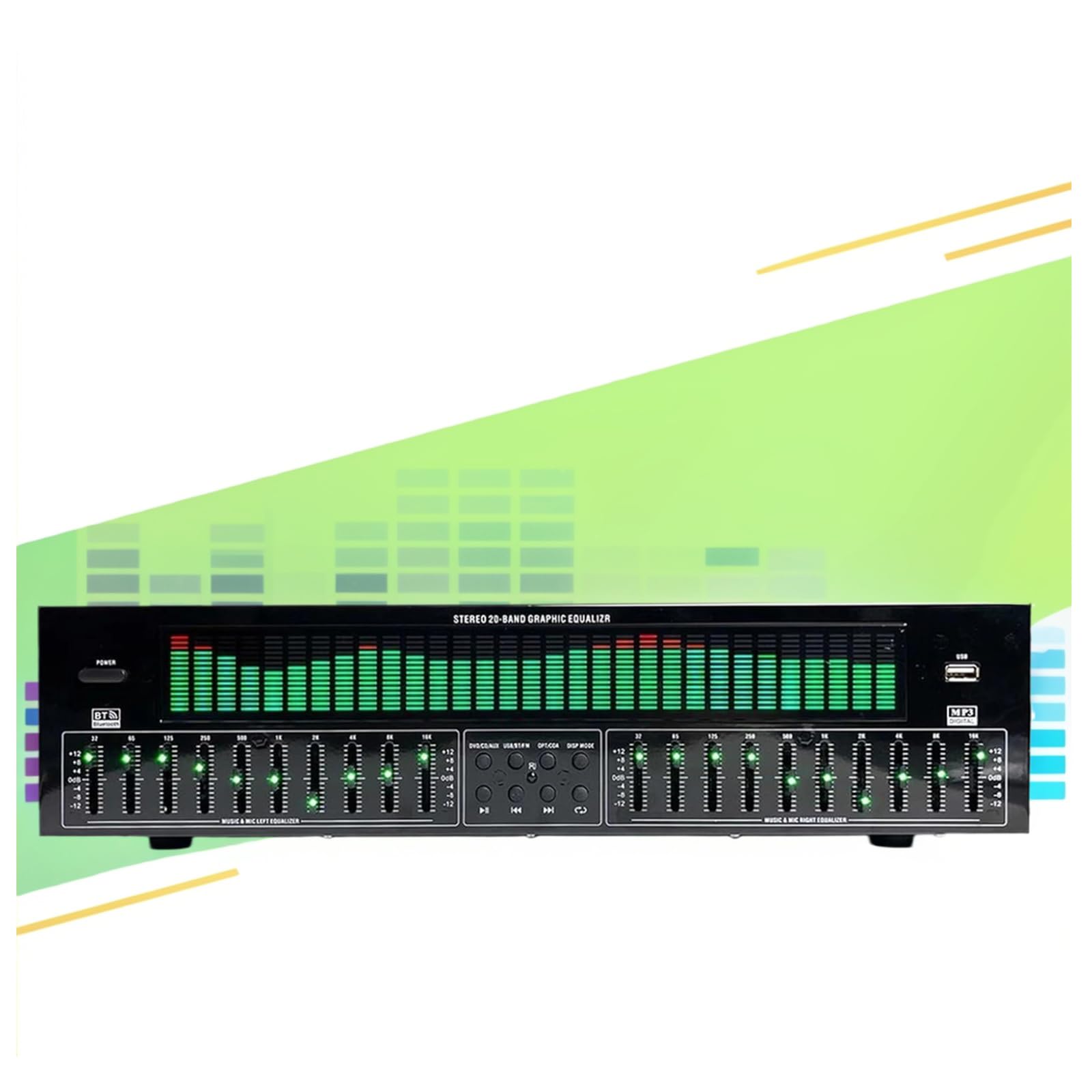31-Band Grafik Equalizer Digital Equalizer mit Bluetooth 5.4 Optisch-Koaxiale Audio-Decodierung 12 Rhythmusmuster für Heimkino KTV Tonstudio DJ Schwarz
