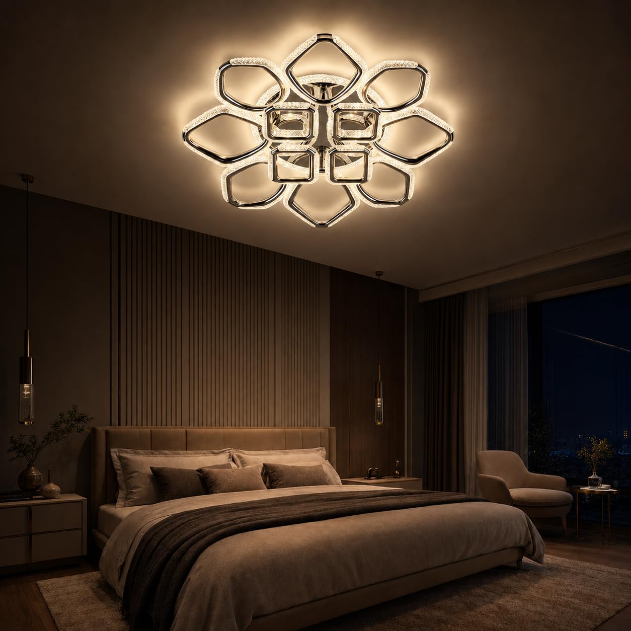TRIPPING Model 707-12 Luxury 12-Module LED Ceiling Light with Crystal-Textured Borders, Silver Chrome Finish and Floral Design for Living Room, Bedroom, Dining Room and Hall-image-22