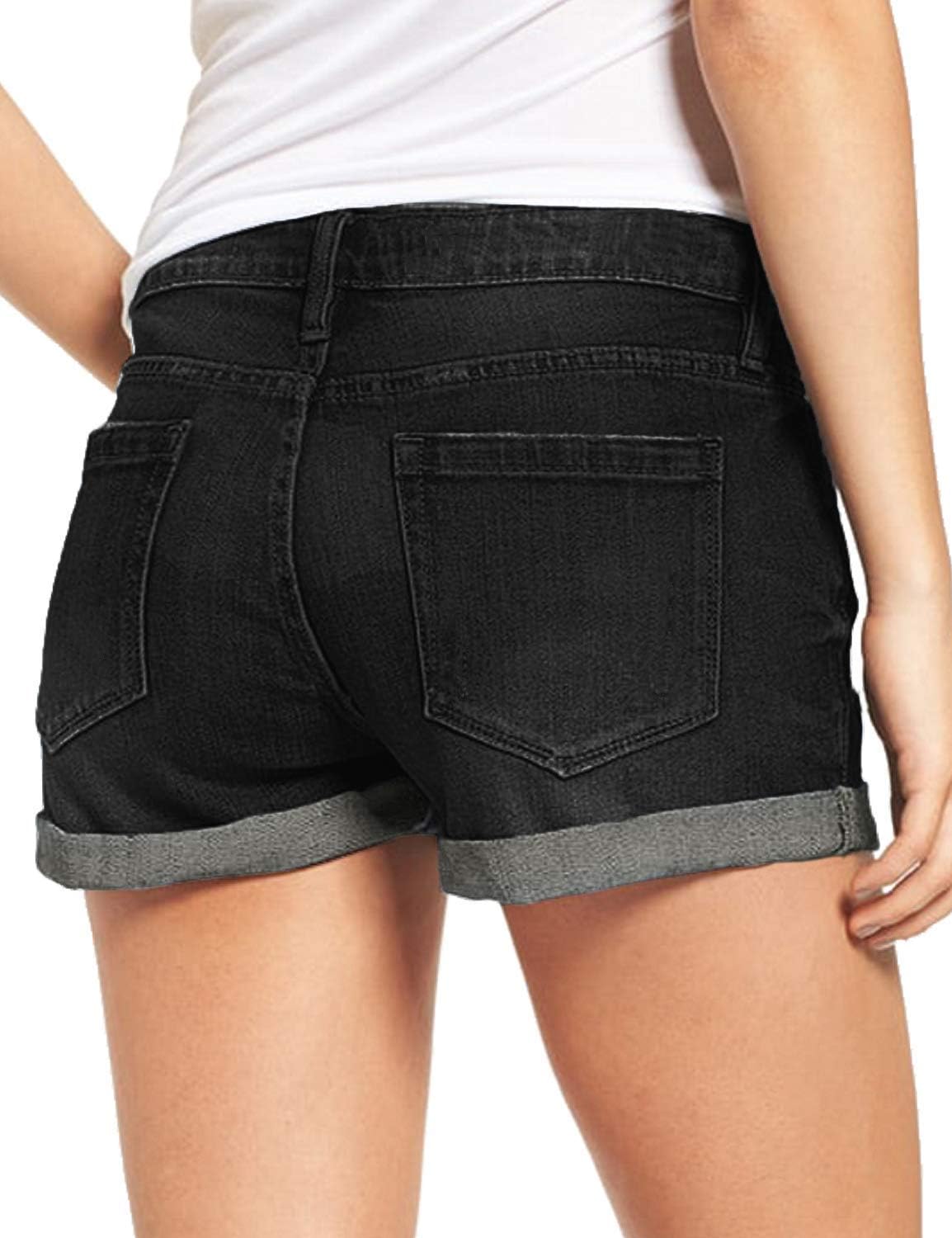 Women's Casual Denim Shorts Summer Mid Waist Stretchy Raw Frayed Folded Hem Jeans - Image 3