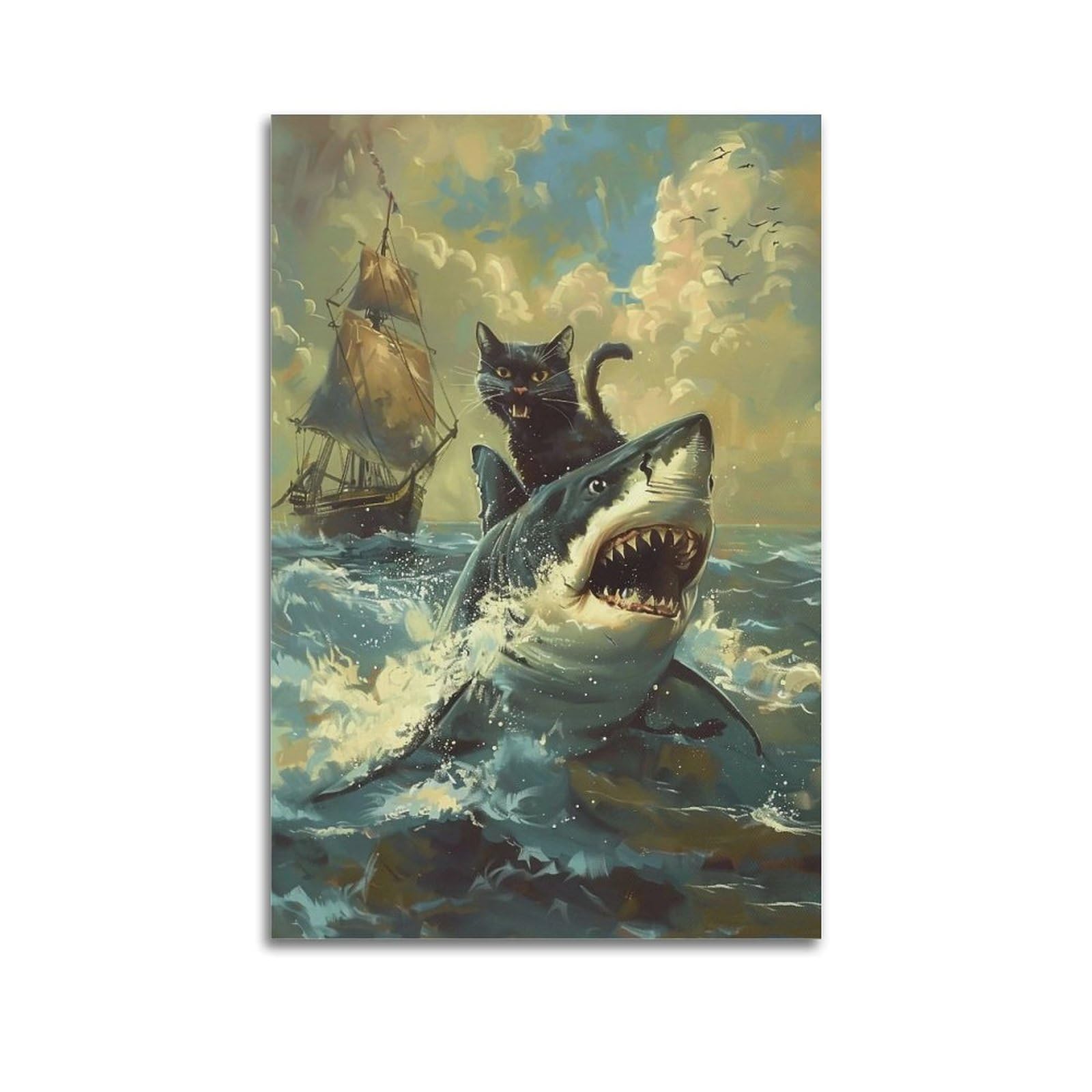 Cuadros estéticos de gato y tiburón de 20x30" para dar un toque divertido al dormitorio actual 6