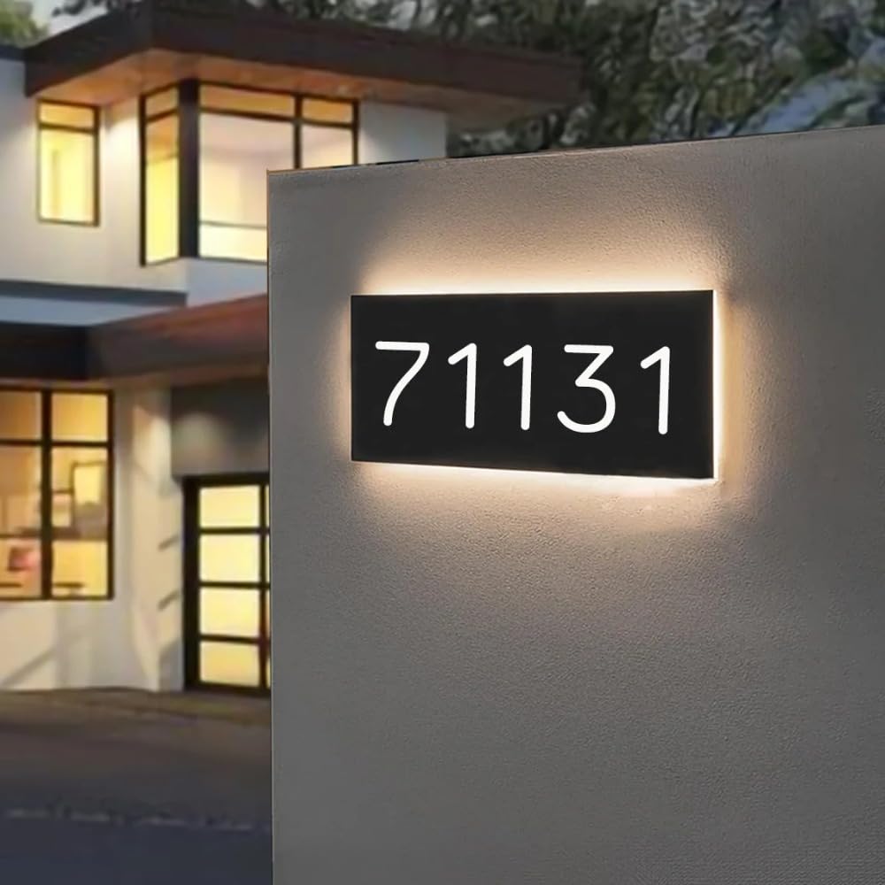 Personalisierte beleuchtete Hausnummern für draußen, individuelle LED-Türnummern für Haustür, Adressschild (kaltweißes Licht, 20 x 10 cm)