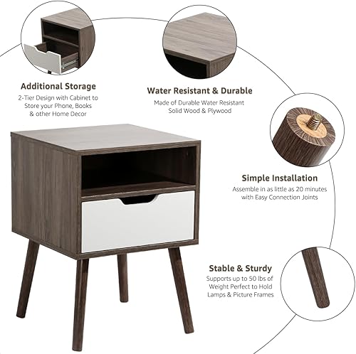 Miniatura 4 de Juego de 2 mesitas de noche modernas Mid-Century con cajón de almacenamiento, mesita de noche para dormitorio o mesa auxiliar para sala de estar,