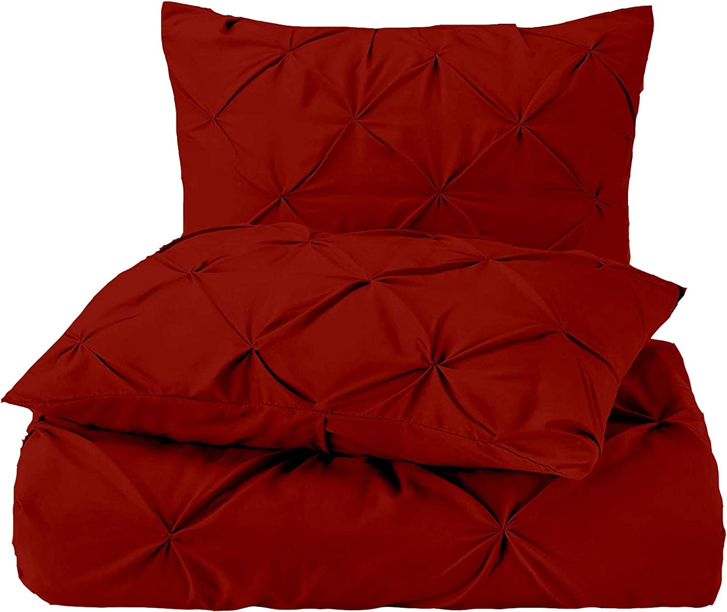 Pinch Pleat PinTuck 5 Piece Duvet Cover Set - 100% Egyptian Cotton Quilt Covers Bedding, 300 Thread Count Diamond Bedding Set with Zipper Closure Hotel Quality - Burgundy Solid, Superking Size.