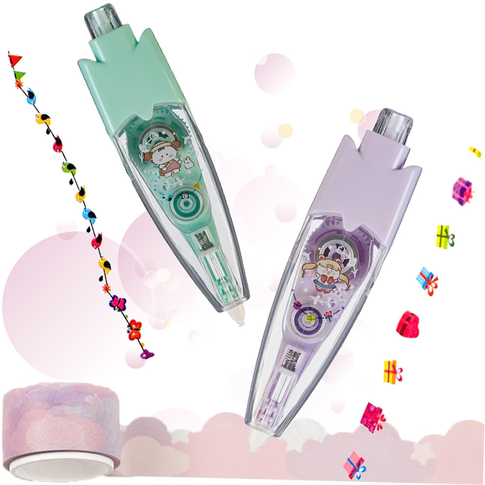 Decorative Pens DIY Cute Animals Press Type Pen, Joyfullift Decorative Pens, 2023 New Joyful Lift Pens, Cute Animals Lace Correction Tape Decorative Tape Pen, Decorative Pens for Scrapbooking (2PCS,D)