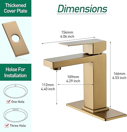 Miniatura 6 de Grifo de baño dorado cepillado, moderno grifo de lavabo de un solo agujero, grifo de lavabo de baño de una sola manija, dorado cepillado, con placa