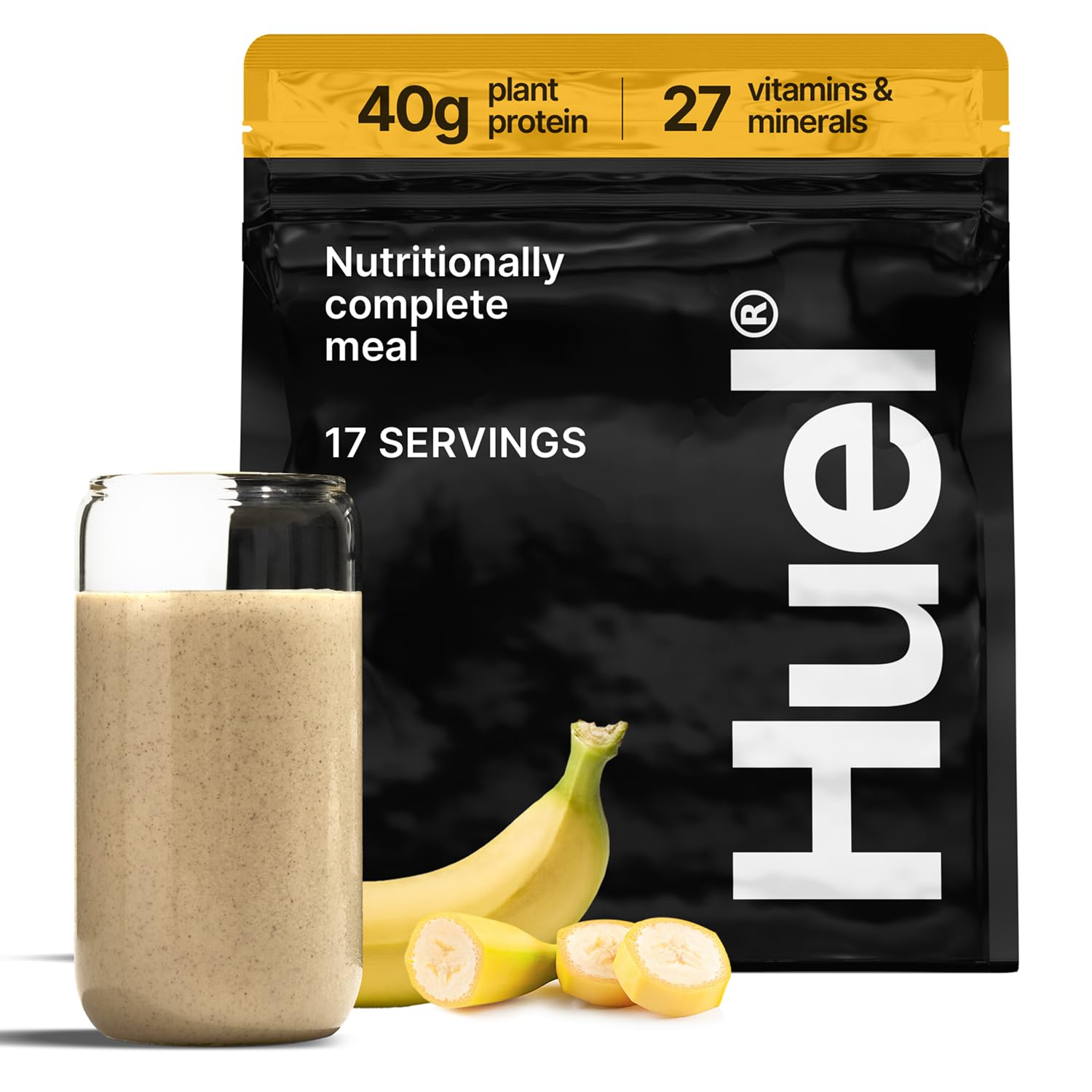 Huel Black Edition | Banana 40g Vegan Protein Powder | Nutritionally Complete Meal | 27 Vitamins and Minerals, Gluten Free | 17 Servings | Scoop not included to reduce plastic