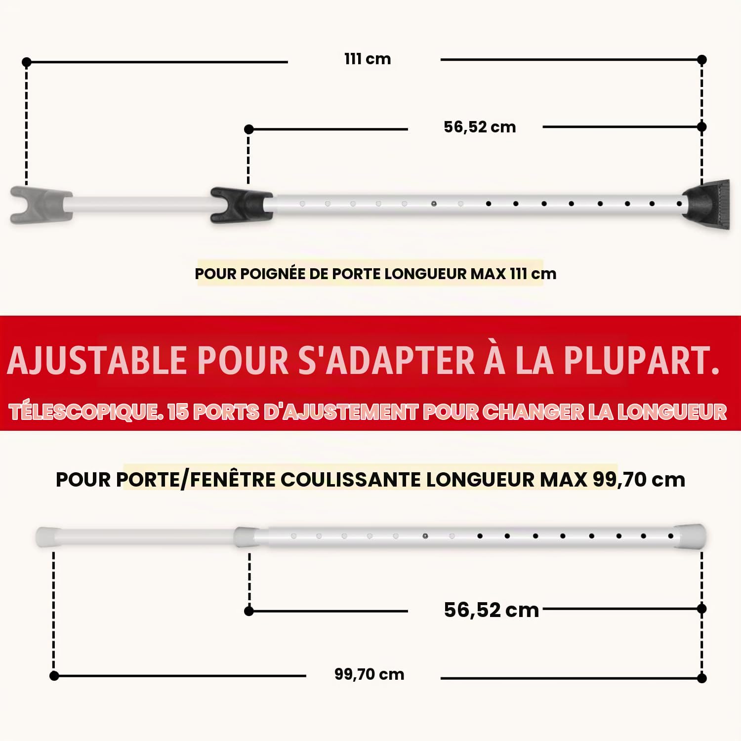 Securityman Barre de sécurité pour porte avec alarme | Sécurité de porte coulissante | Butée de porte (alarme extra forte de 120 dB) Profitez de la tranquillité d'esprit avec un bâton d'alarme durable