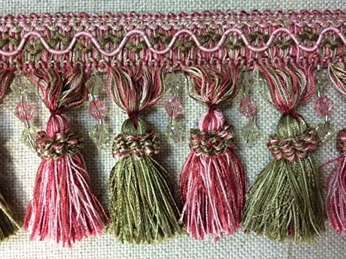 4" Crystal Beaded Tassel Fringe Trim TF-8/19-15 Green & Pink (Sold by The Yard)