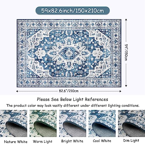 Moynesa Ultra-Thin Washable Area Rug - 5x7 Blue Rugs for Living Room Washable Rugs for Bedroom Soft Dining Room Mat, Vintage Printed Low Pile Indoor Carpet for Office Sunroom Playroom
