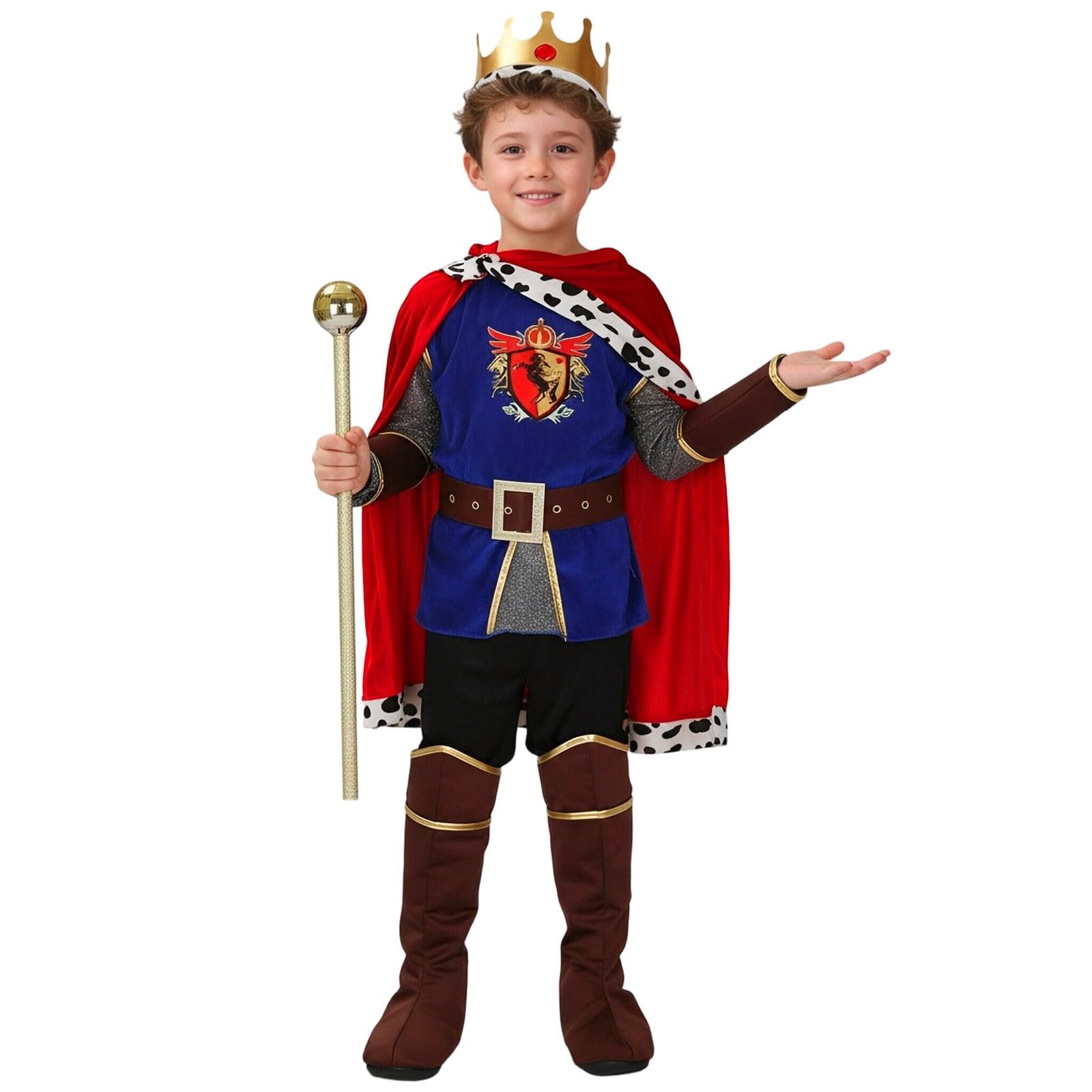 MaNMaNing Costume Carnaval Enfant Garcon Roi Cape Sceptre Cosplay Médiéval Fête Anniversaire Spectacle Tenue Monarque Souverain Costume Enfant Garcon 3 13 Ans