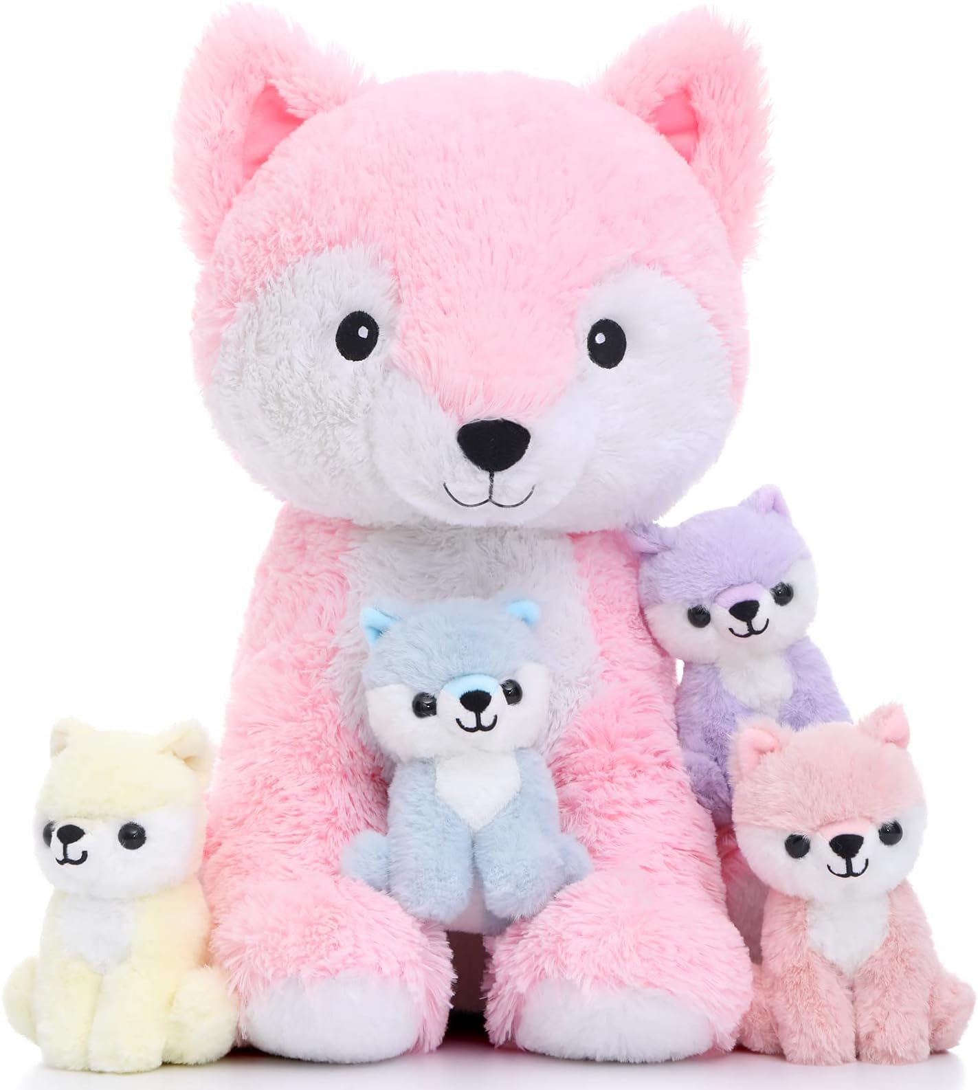 Muiteiur 5 Piece Fox Stuffed Animal Set, Soft Mommy Fox Plush Toy with 4 Cute Babies, Cute Stuffed Animal for Girls and Boys, Fun Gift for Kids, Pink 20inch