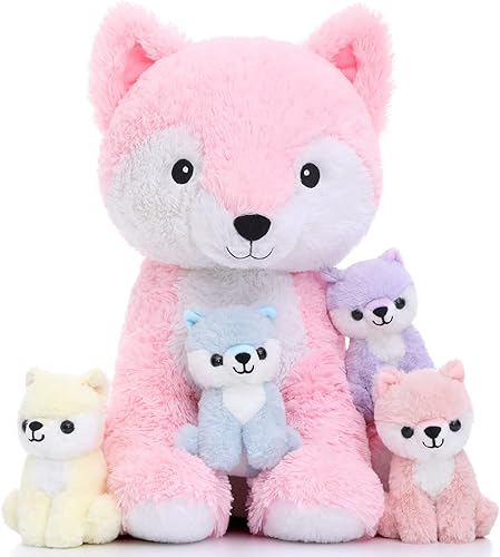 Muiteiur Juego de 5 piezas de animales de peluche de zorro suave con 4 lindos zorros de bebé para niñas y niños, regalo para niños, cumpleaños,