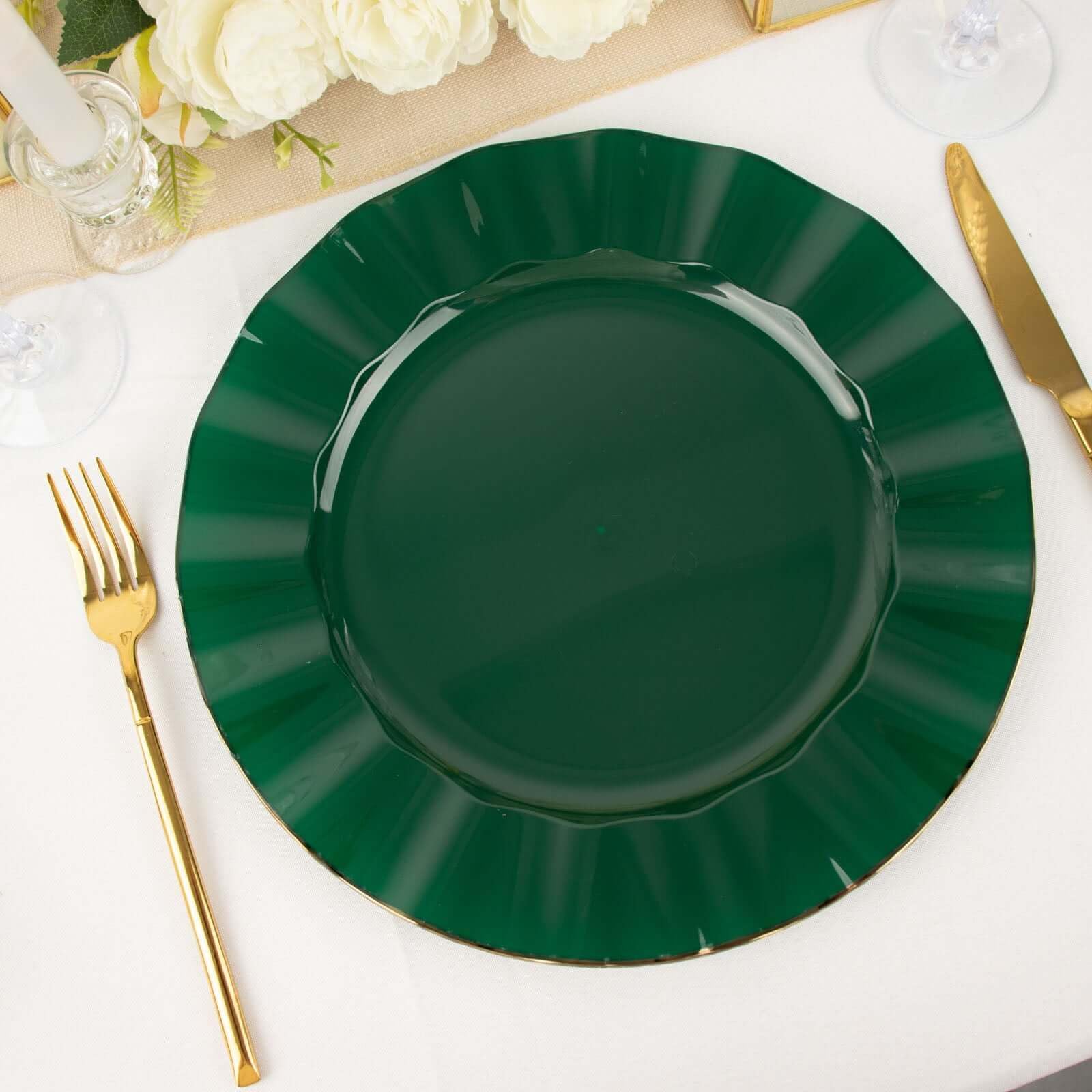 Efavormart 11" Dinner Plates – Set of 10 Plastic Hunter Green Round Disposable Plates with Gold Ruffled Rim – Elegant Tableware for Wedding Receptions, Dinner Parties, Holiday Events, and Catering