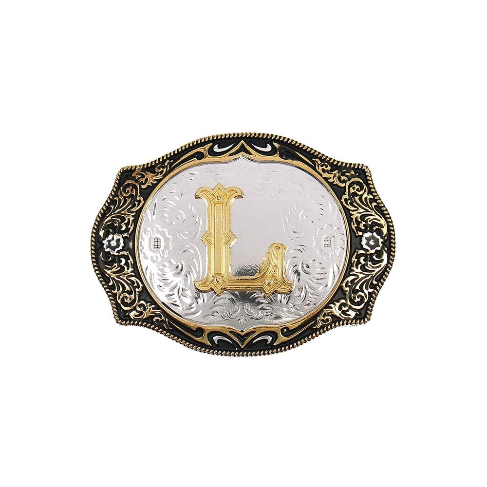 Western Belt Buckle Initial Letters ABCDMRJ to Z Cowboy Rodeo Small Gold Belt Buckles for Men Women (L)