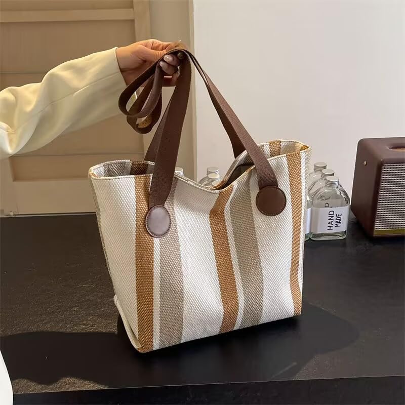 Bolso tote grande de lona a rayas para mujer miniatura 2