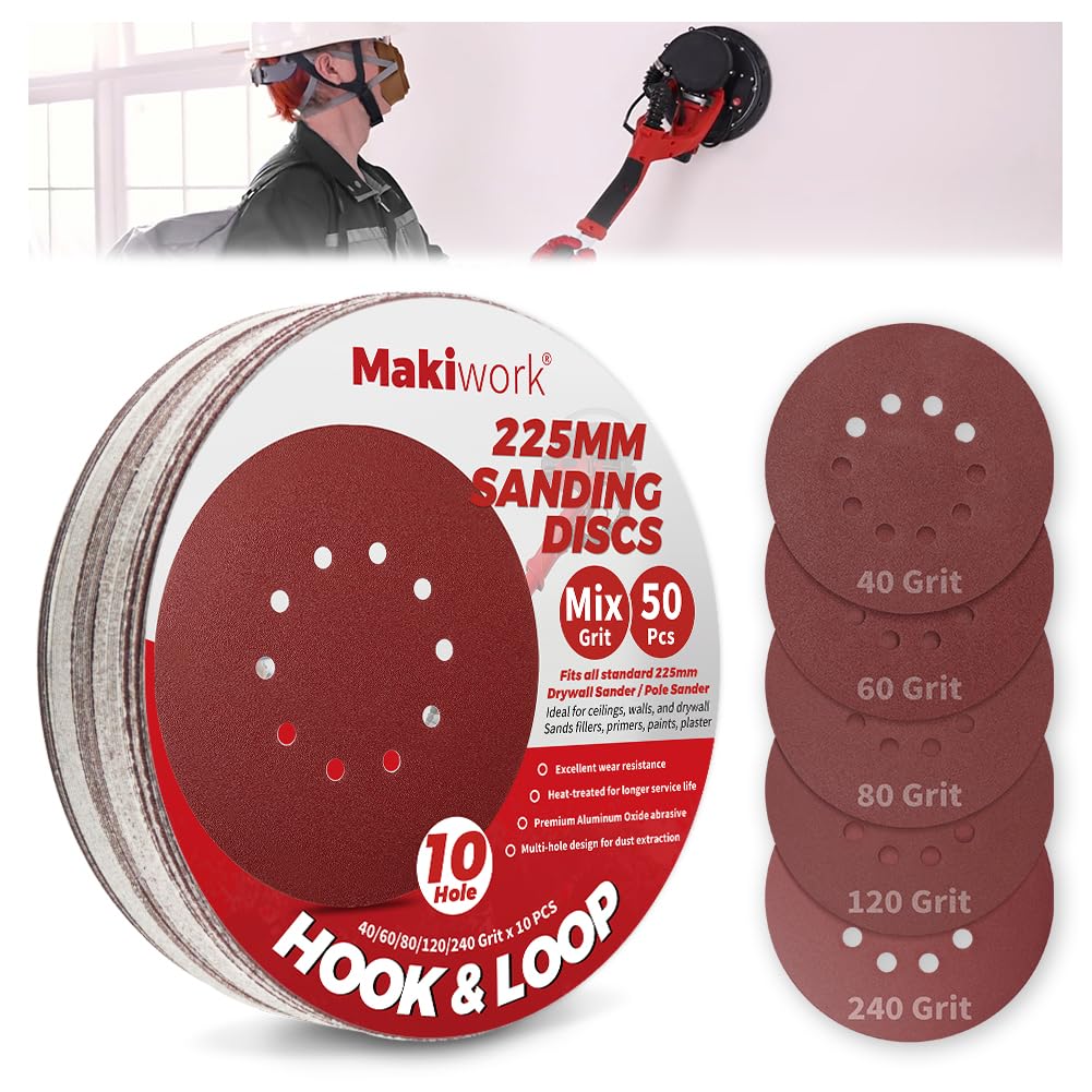 Makiwork 50PCS 225mm 10-Hole Hook & Loop Sanding Discs (40/60/80/120/240 Grit – 10 Each) – Multi-Grit Aluminum Oxide Sandpaper Set for Drywall Sander, Paint Removal, Wood & Metal Surface Prep