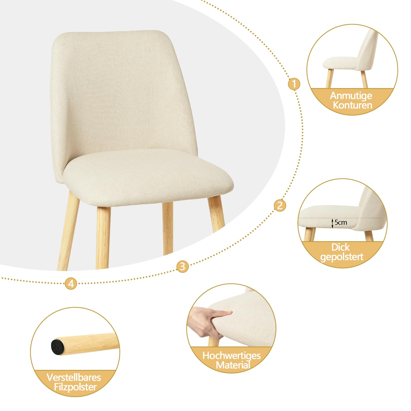 Juego de 6 sillas de Comedor con Patas de Madera y tapizadas de poliéster, para Comedor, Cocina, Oficina, Crema