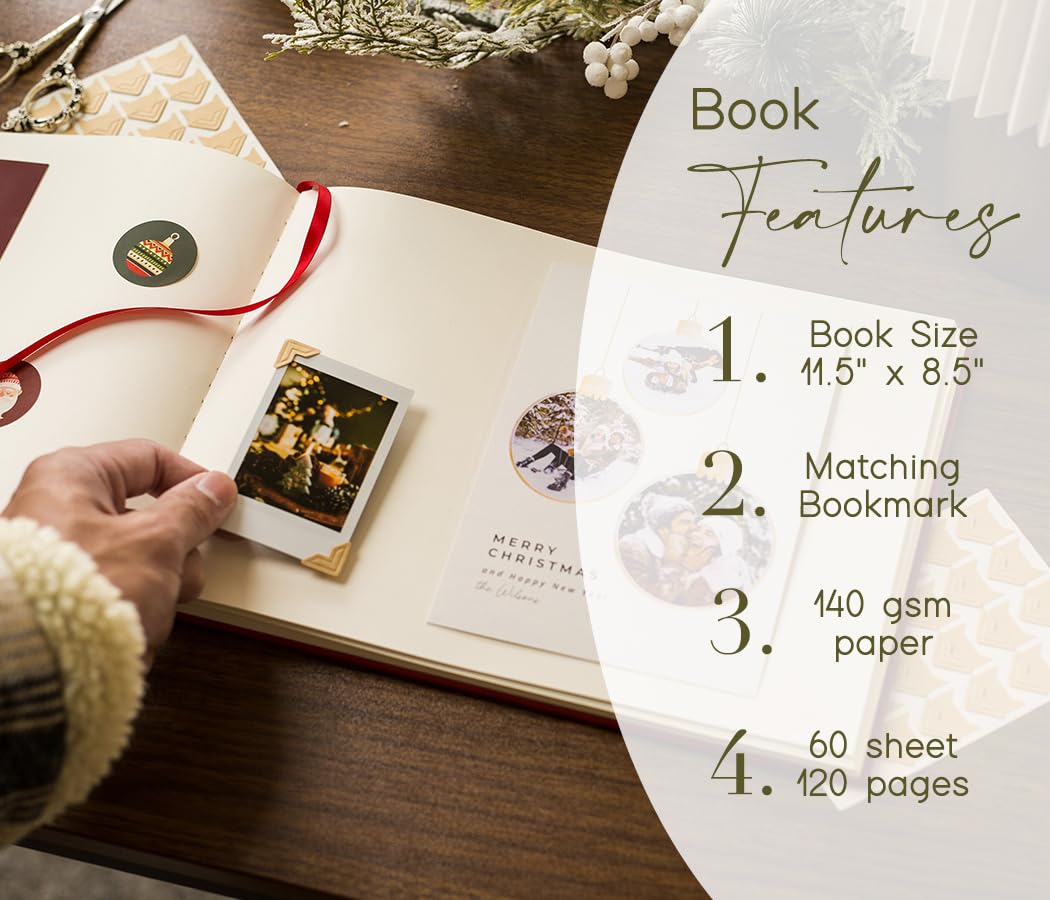 Holiday Memory Book (rosso) – Copertina rigida in velluto goffrato con lamina d'oro, 120 pagine bianche, carta spessa 140 g/m², segnalibro con nastro, biglietti di Natale