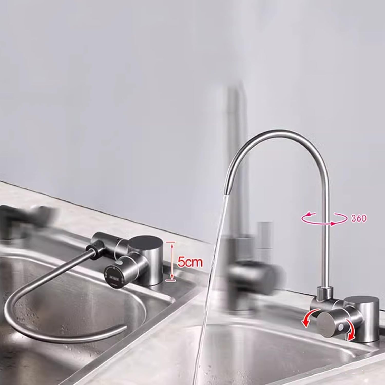 Faltbarer Doppelfilter Wasserhahn, 360° Drehbarer Trinkwasserhahn, Kaltwasser Schwanenhals Wasserhahn für Küchenspüle, Gebürsteter Gold Edelstahl