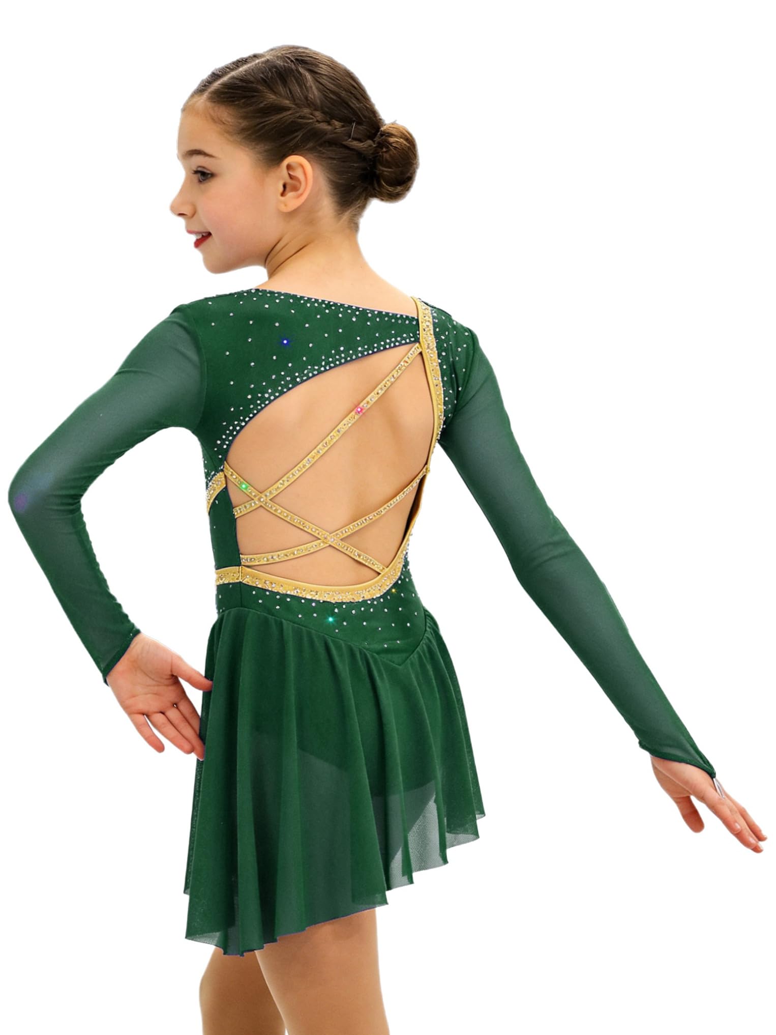 Tenue Patinage Artistique Fille Enfant Ado Robe Manches Longues Strass Justaucorps Asymétrique Danse Costume