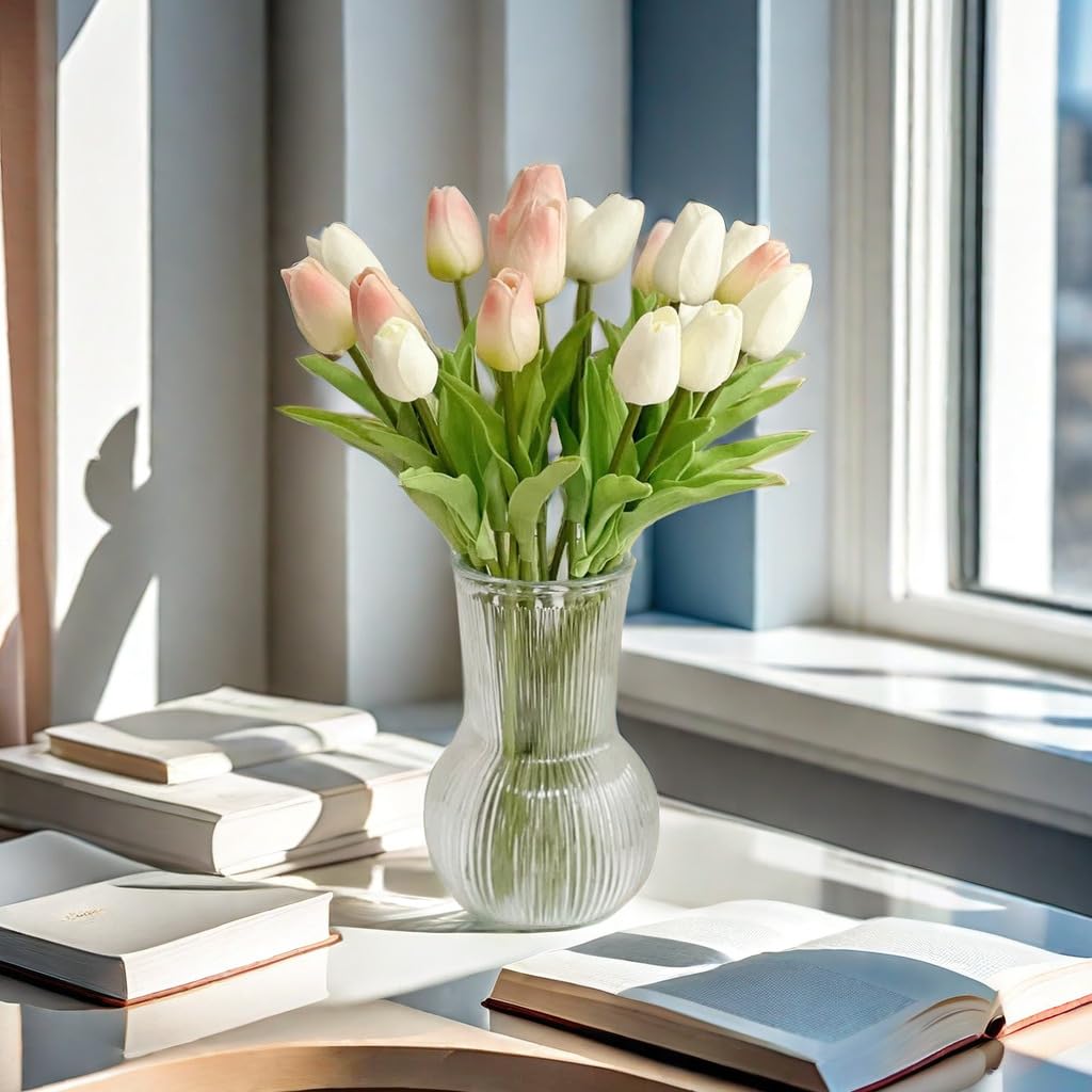 Kunstbloem Boeket van 7 Tulpen Roze-Wit 29cm kopen - Melting Pot Amsterdam