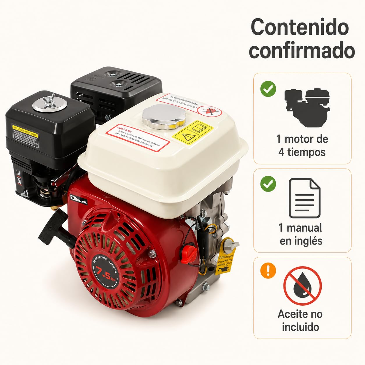 Motor de gasolina de 4 tiempos de 7,5 CV 212 cc con eje de levas de 19 mm | Motor multiusos refrigerado por aire con sensor de aceite y depósito de 3,6 L para generador de bomba kart y cortacésped