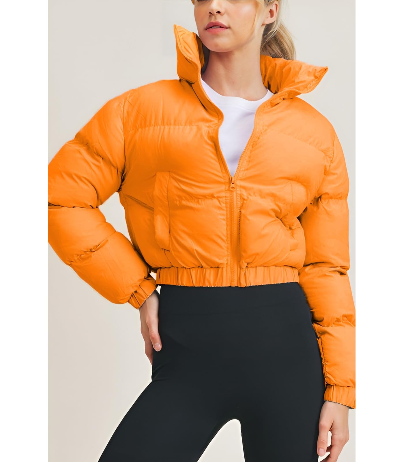 Angsuttc Pufferjacke für Damen, Cropped, Reißverschluss, gepolstert, warm, gesteppt, Wintermäntel