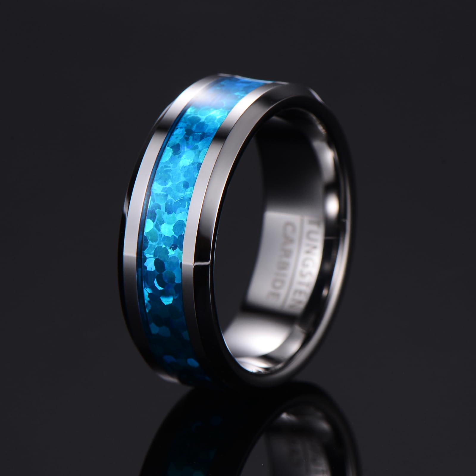 Anello Nuziale in Tungsteno con Intarsio Colorato, Larghezza 8mm con Bordi Smussati e Lucidati (Misura USA)