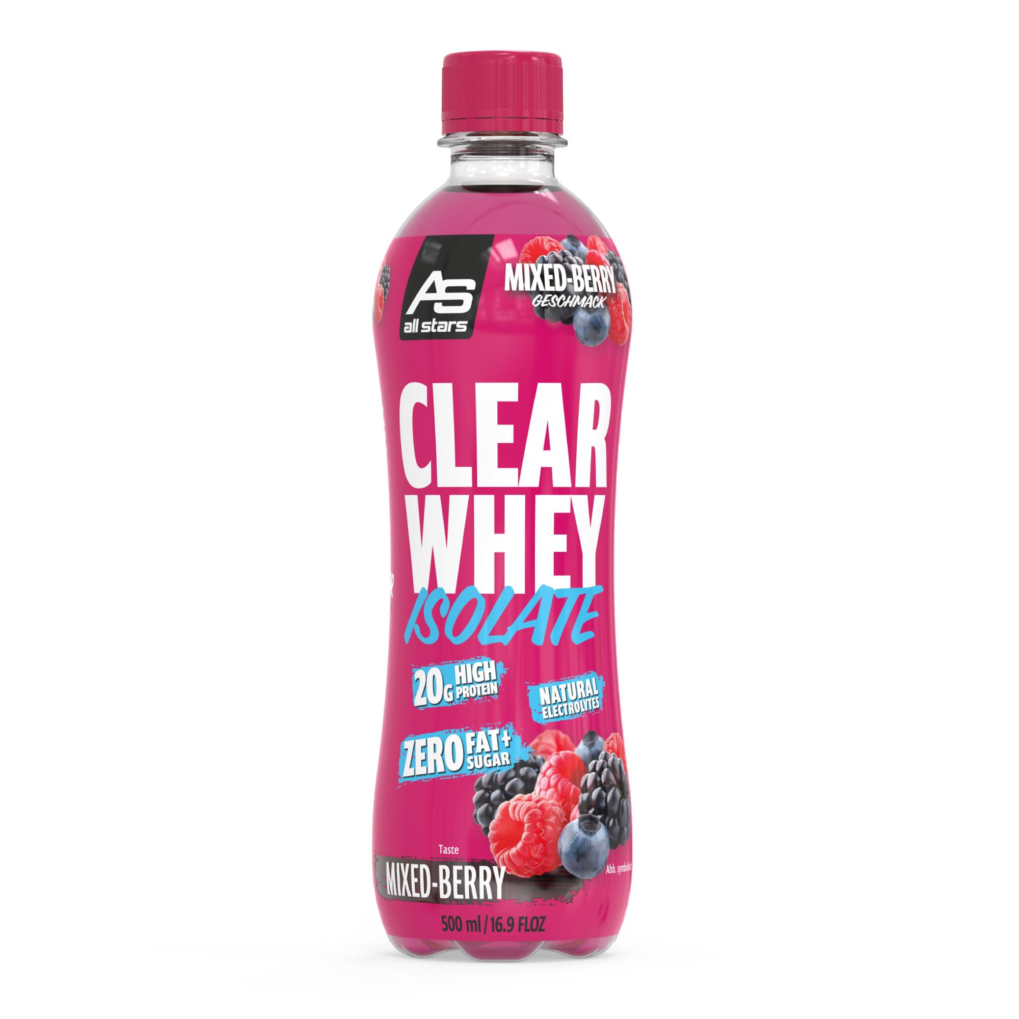 All Stars CLEAR WHEY ISOLATE, lecker, fruchtiger Eiweißdrink ohne Zuckerzusatz, Erfrischungsgetränk für Sportler mit hochwertigem Whey Protein Isolat mit nur 79 Kalorien, 12 x 500ml, Mixed Berry