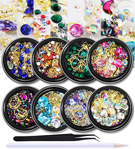 WOKOTO 8 Boxes 3D Colorful Nail Art Crystal Set Gold Nail Studs Beads Ab Rhinestone Manicure Jewelry Decoration With 1Pc Tweezers And Picker Pencil