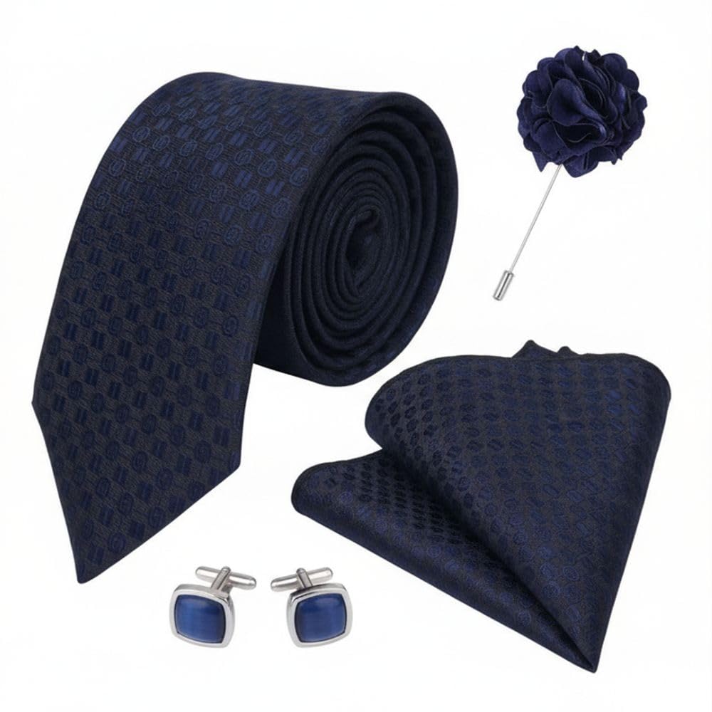 calixto Self Small Dot design micro print fine Necktie Gift Set With Pocket Square, 2 pcs Cufflinks & Lapel Pin Formal Tie With (Leatherite Gift Box) (Pack of 4 pcs)- Dark Blue(Cir/Rec)-picture-10