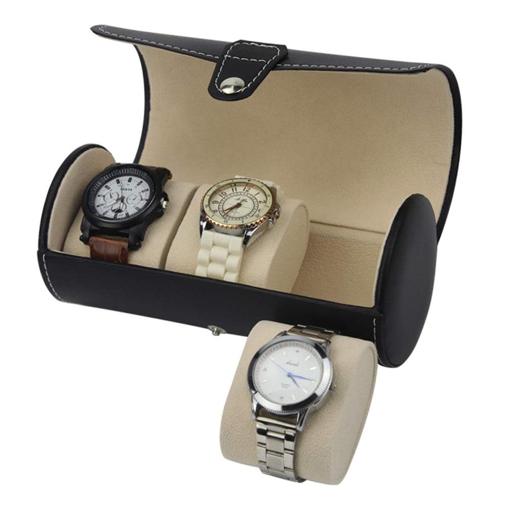 DUMRALBQE Watch Boxes Metal Buckle Men's Leather Watch Box Storage Cylinder Display 3 Slots for Storage and Display(Noir)