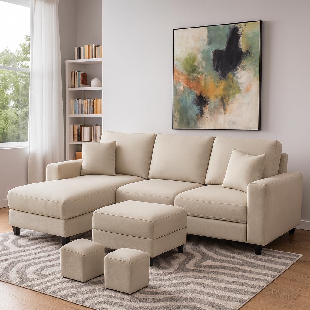 Rolando RHS 4 Seater L Shape Sofa with 2 Puffy Set for Living Room | Sofa Set for Living Room (4S Left Hand Side - Ottoman, Cream Premium Fabric)-image-28