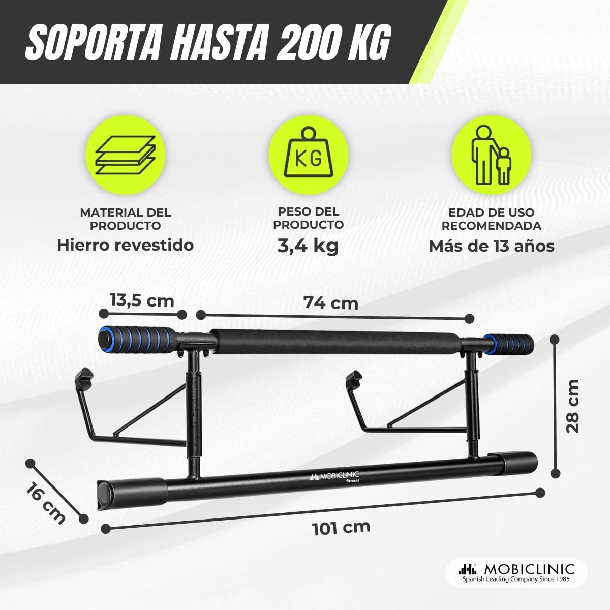 Mobiclinic® fitness, Barra de dominadas para colgar, Sin herramientas, K5, Máx. 200 kg, Con elástico, Asas espuma antideslizante, Acero, Adaptable 70-92 cm, Ejercicio en casa, Fácil almacenaje