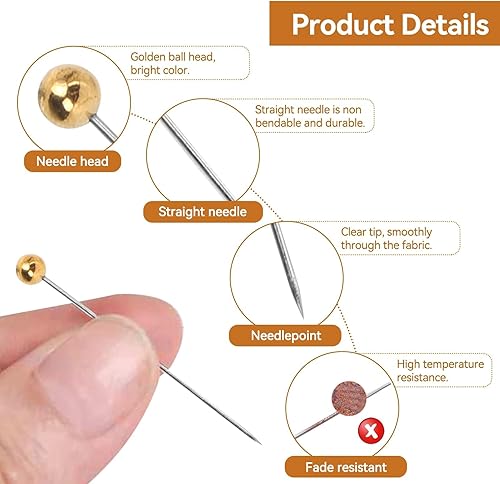 Miniatura 7 de Alfileres de costura, 100 alfileres rectos, perlados dorados, alfileres rectos para tela recta, alfiler de acolchado con caja de plástico para
