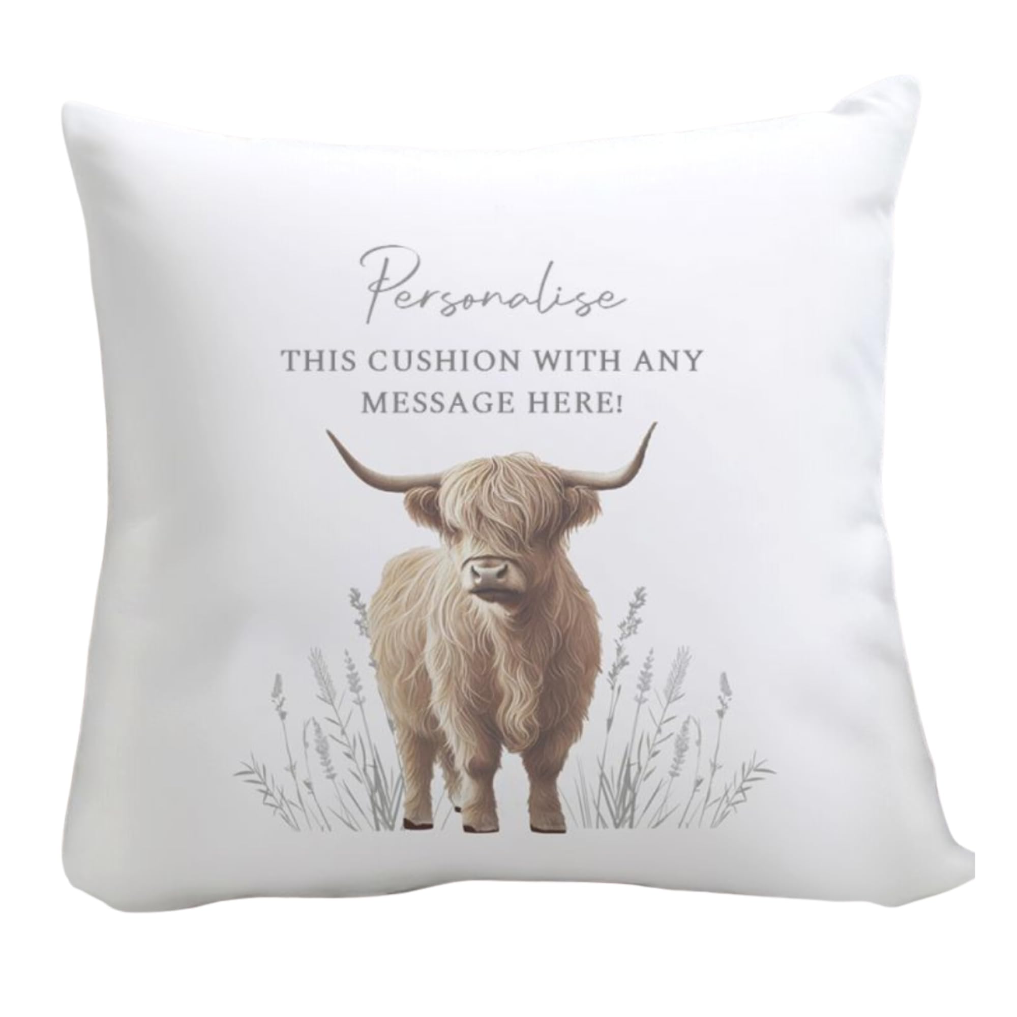Caleli Gifts White Personalised Cushion. Highland Cow Cushion