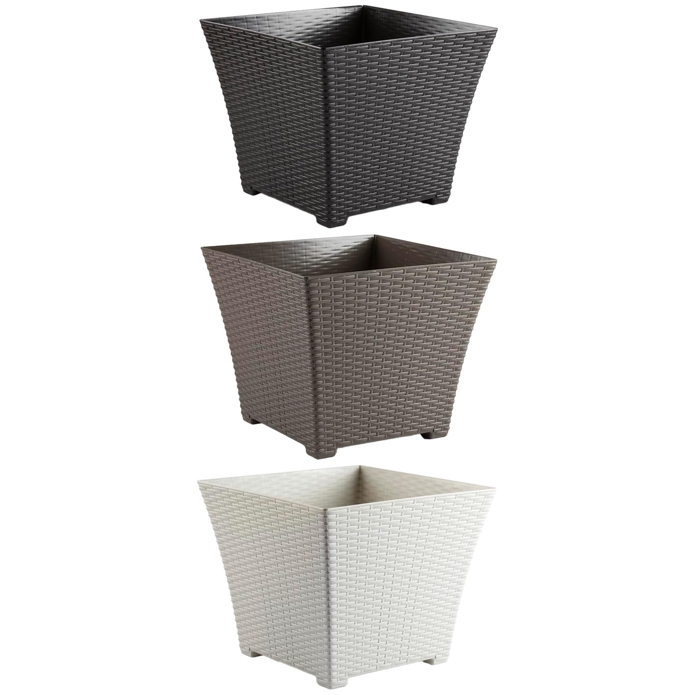 AC - Pack de 3 Macetas Rattan Cuadradas de plástico, Tiesto, macetero, Recipiente para Plantas, Flores, jardín, terraza, hogar, Fabricadas en España (Blanco Marfil - 30 cm)