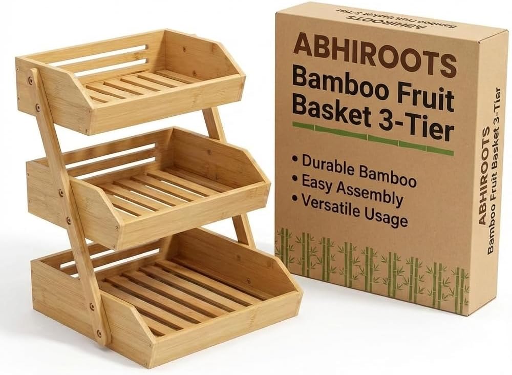 Bamboo Fruit Basket 3-Tier - Premium Produce Bamboo Basket for Kitchen - Durable & Easy to Assemble Stand for Countertop - Perfect Holder for Vegetables, Bread, Snacks & More